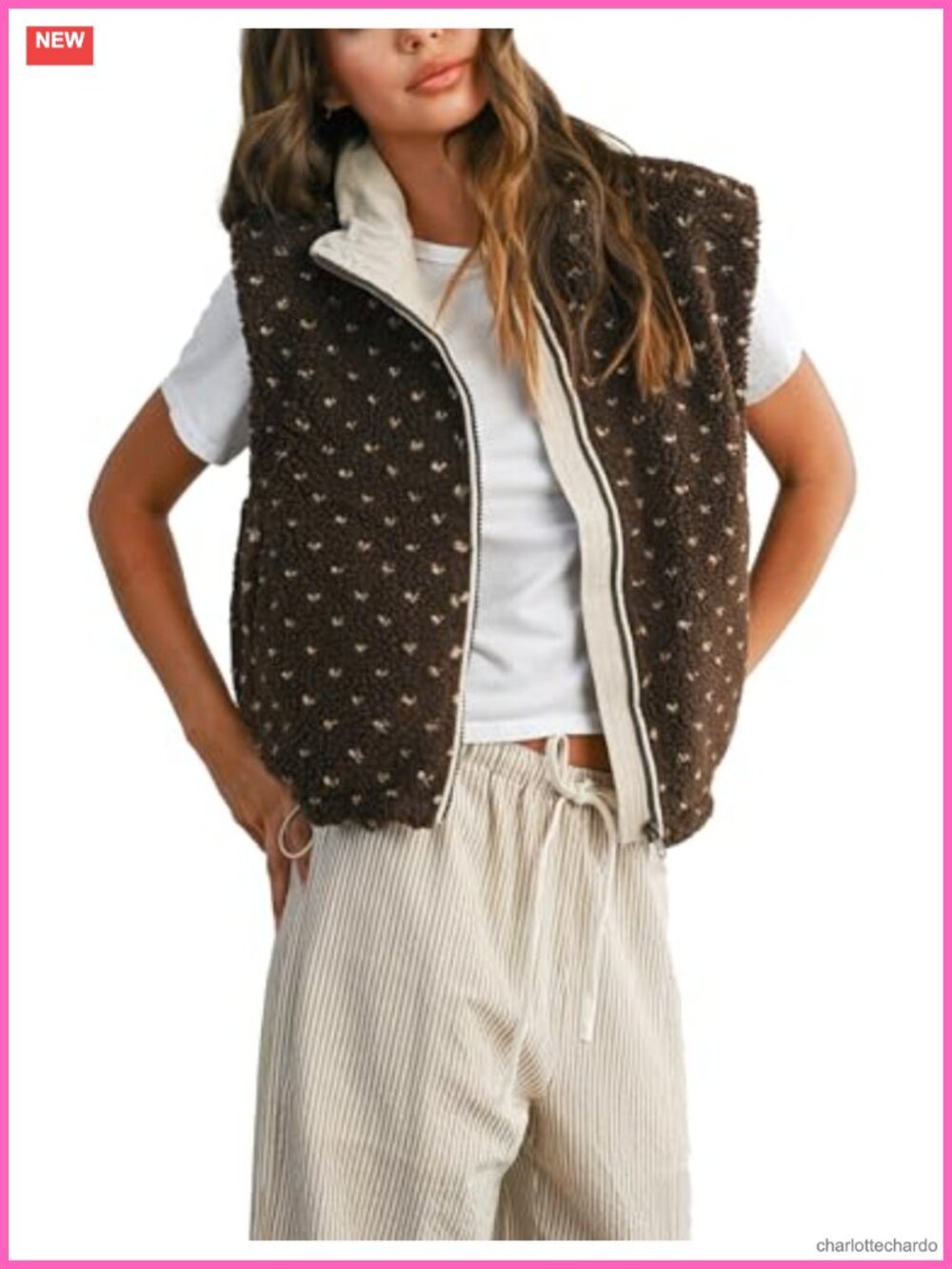 Faux-Sherpa Fleece Vest Sleeveless Polka Dots Zip Gilet with Pockets